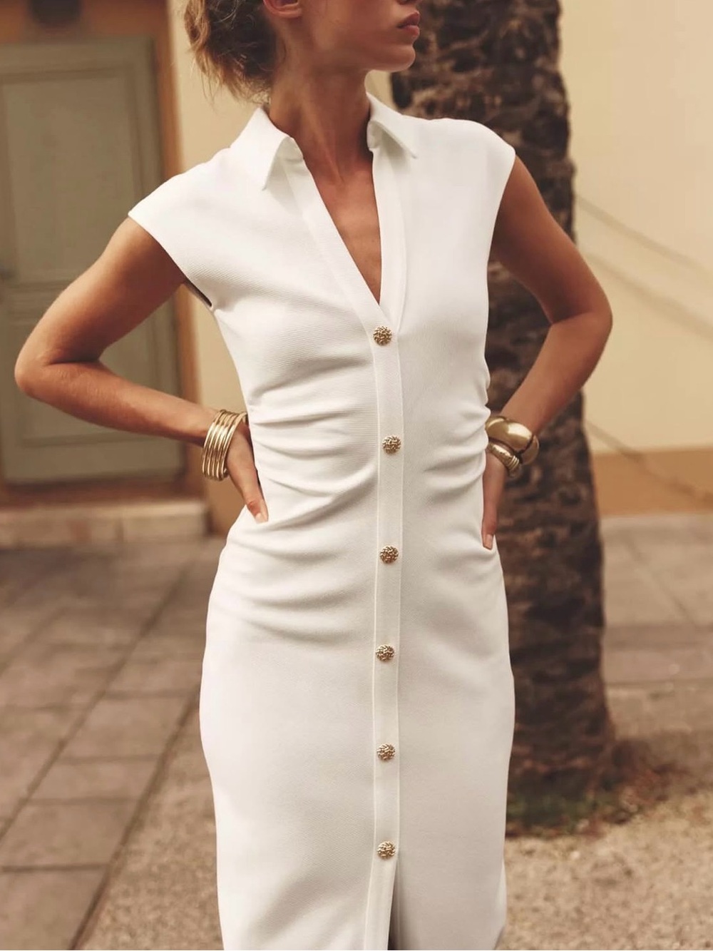 Zara Ivory Button-Front Sleeveless Pique Shirtdress Midi Dress Sz Small S
